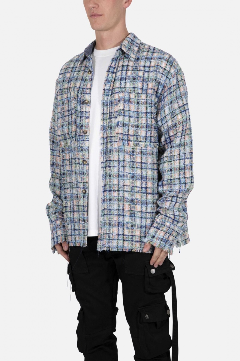 Chemises Mnml Heavyweight Raw Edge Flannel Blue/White Homme | WHO-8070622