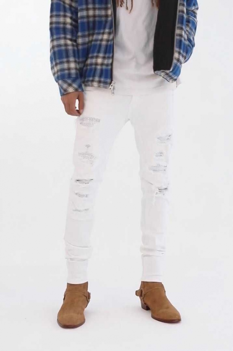 Skinny Denim Mnml X201 Rhinestone Mince Denim Blanche Homme | THD-9037994