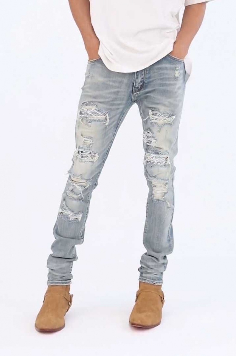 Skinny Denim Mnml X201 Rhinestone Mince Denim Bleu Homme | MGG-5741495