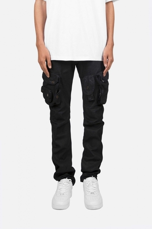 Straight Denim Mnml Waxed Denim Cargo Pants Noir Homme | HSV-4467659