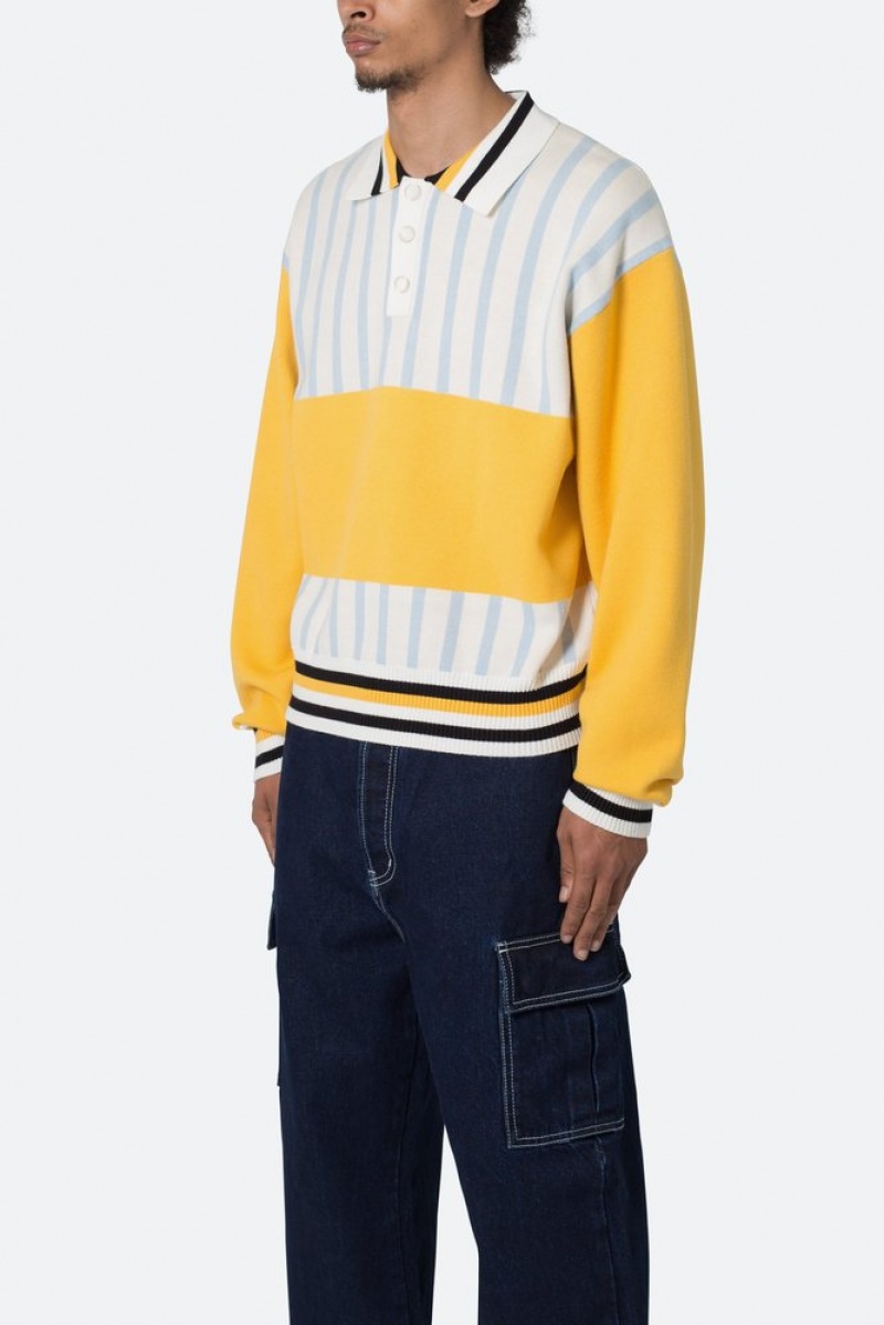 Chemises Mnml Knit Stripe L/S Polo Blue/Yellow  | MKO-3053643