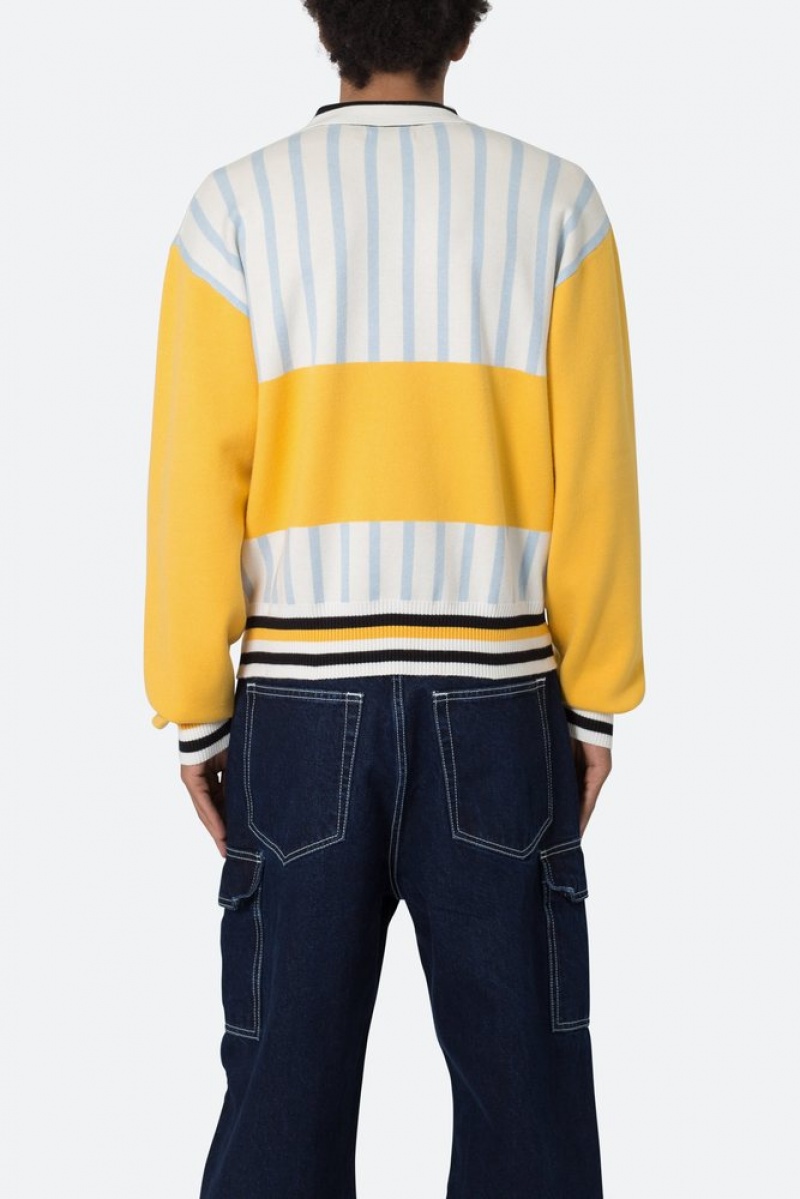 Chemises Mnml Knit Stripe L/S Polo Blue/Yellow  | MKO-3053643