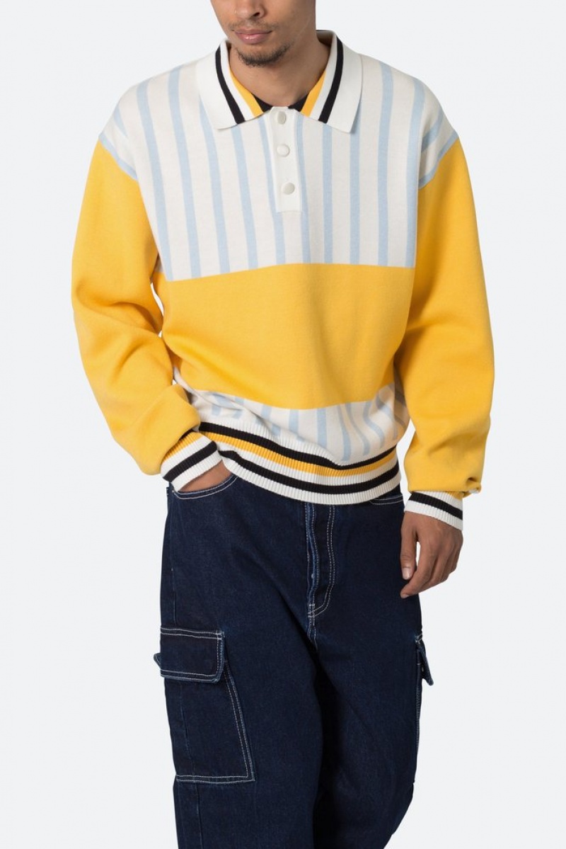 Chemises Mnml Knit Stripe L/S Polo Blue/Yellow  | MKO-3053643