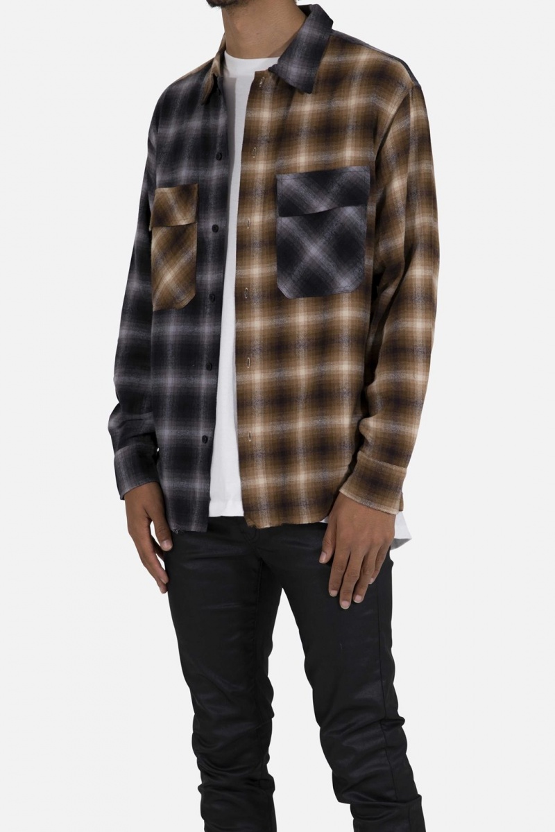 Chemises Mnml Mismatch Flannel Shirt Brown/Grey Homme | SAK-7472945