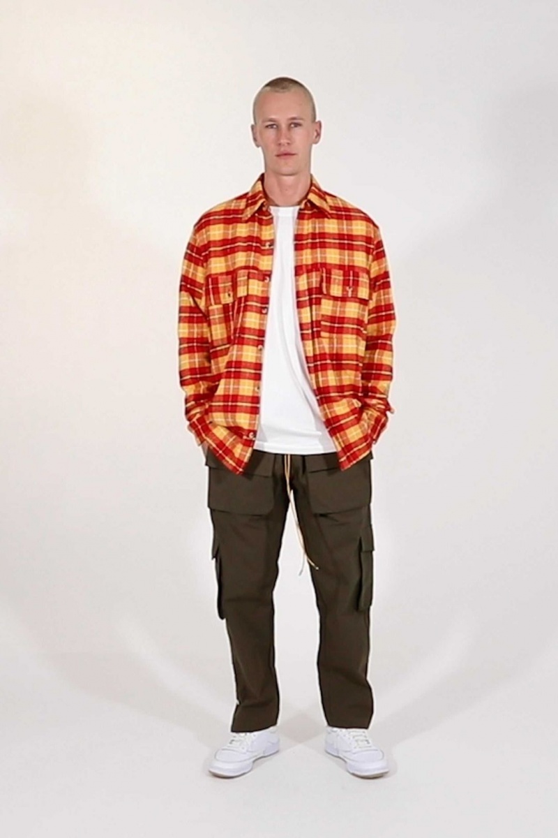 Chemises Mnml Relaxed Cargo Flannel Shirt Yellow/Red Homme | KVA-3776193